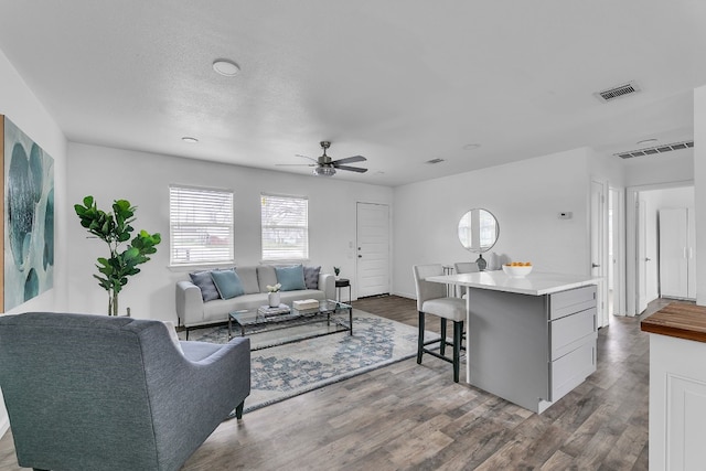 2905 Rogge Ln, Austin, TX 78723 - living room with a ceiling fan and dark wood-style flooring