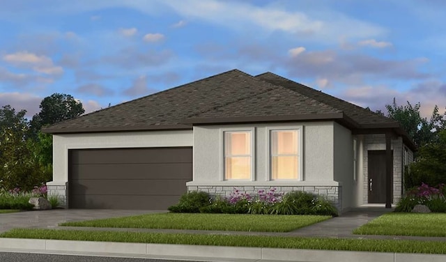 exterior space with stone siding, an attached garage, and stucco siding