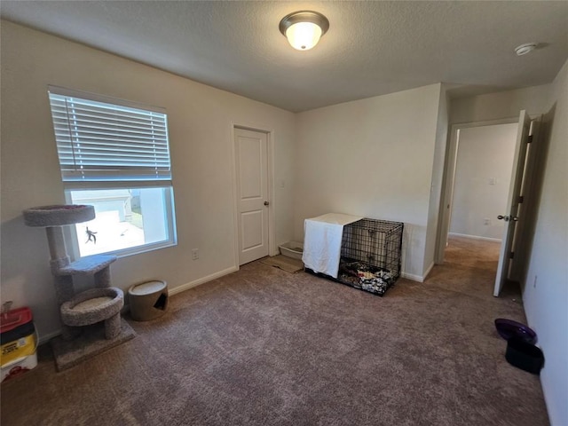 unfurnished bedroom featuring a textured ceiling, carpet, and baseboards