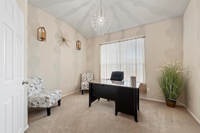 office space featuring a chandelier, baseboards, lofted ceiling, and light colored carpet