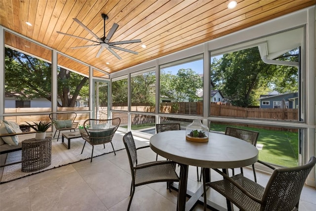 sunroom with a ceiling fan, lofted ceiling, and wooden ceiling