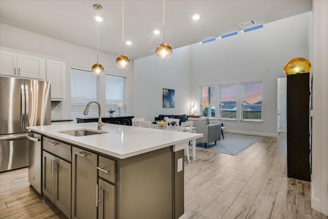 kitchen with stainless steel appliances, a sink, white cabinets, light countertops, and an island with sink