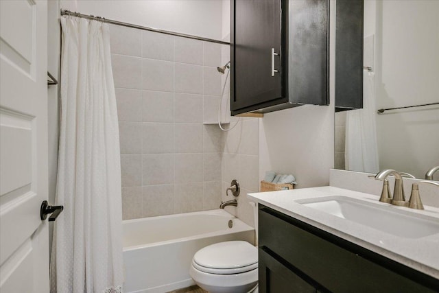 bathroom with toilet, shower / bath combination with curtain, and vanity