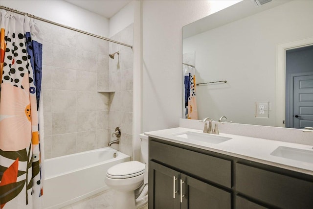 bathroom featuring double vanity, a sink, toilet, and shower / bathtub combination with curtain