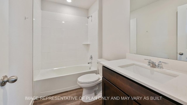 full bathroom with shower / tub combination, vanity, toilet, and wood finished floors