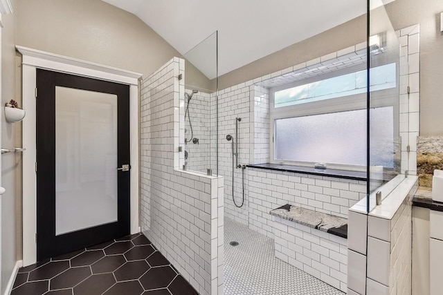 6303 Needham Ln, Austin, TX 78739 - full bath featuring walk in shower, lofted ceiling, and tile patterned floors