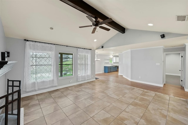 unfurnished living room featuring vaulted ceiling with beams, light tile patterned floors, visible vents, baseboards, and ceiling fan with notable chandelier