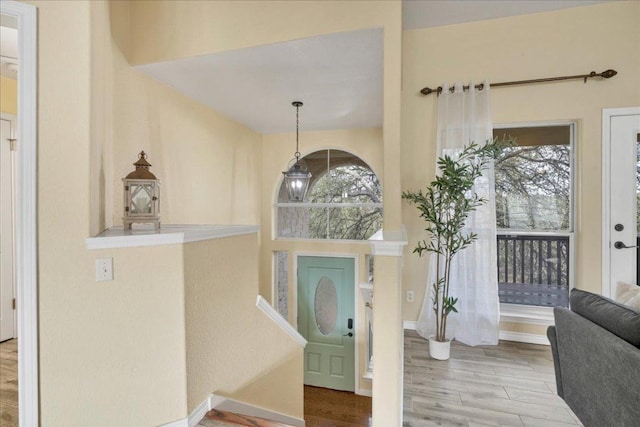 foyer featuring a healthy amount of sunlight, baseboards, and wood finished floors