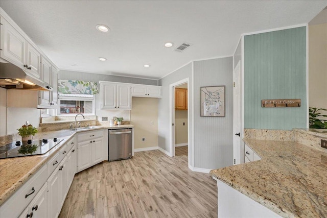 kitchen with light stone counters, white cabinets, a sink, and stainless steel dishwasher