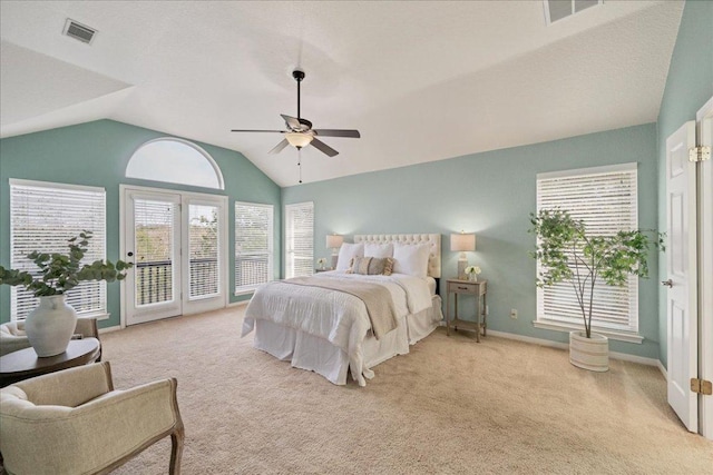 bedroom featuring light carpet, visible vents, and access to exterior