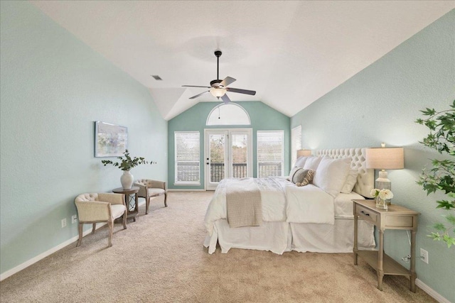 bedroom with lofted ceiling, light carpet, a ceiling fan, visible vents, and access to exterior