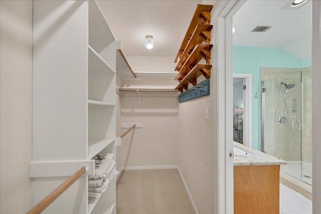 spacious closet featuring visible vents and light colored carpet