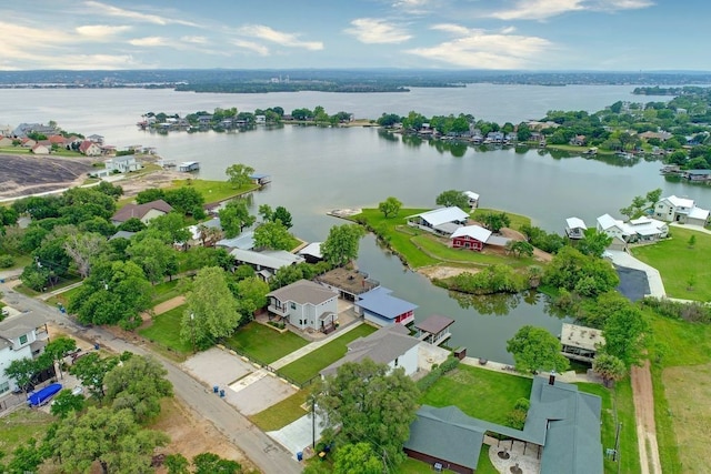 aerial view featuring a water view and a residential view