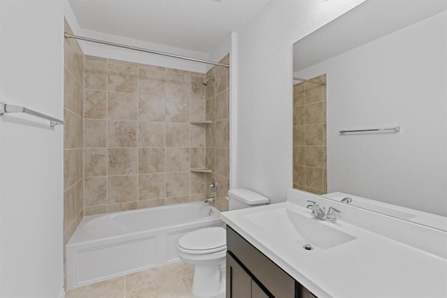 bathroom with  shower combination, vanity, tile patterned flooring, and toilet