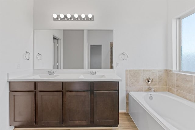 bathroom featuring a healthy amount of sunlight, double vanity, and a sink