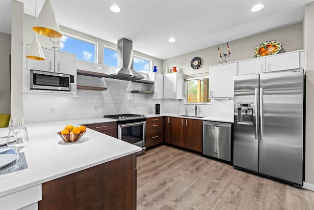 kitchen with appliances with stainless steel finishes, island exhaust hood, light countertops, open shelves, and a sink