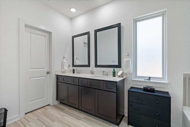 full bath featuring wood finished floors, a sink, and double vanity