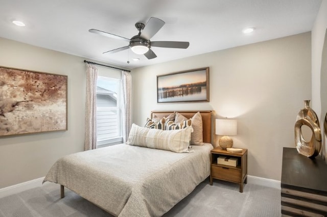 bedroom with a ceiling fan, carpet, baseboards, and recessed lighting