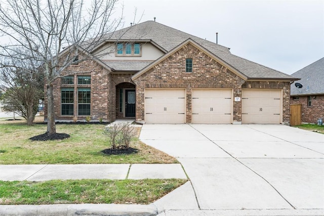 201 Seminole Canyon Dr, Georgetown, TX 78628 - view of front of home with driveway, an attached garage, brick siding, roof with shingles, and a front lawn