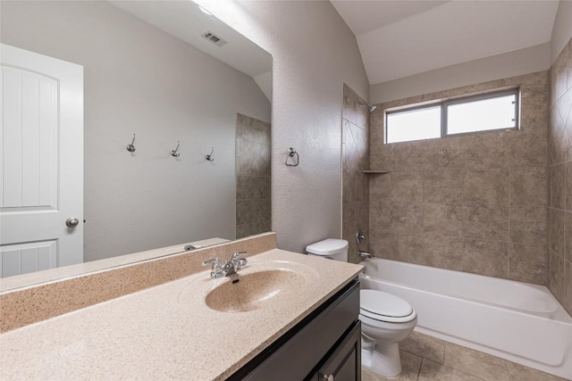 201 Seminole Canyon Dr, Georgetown, TX 78628 - bathroom with lofted ceiling, vanity, shower / washtub combination, and tile patterned flooring