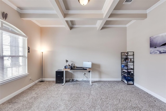 office area featuring carpet floors, baseboards, coffered ceiling, and beamed ceiling