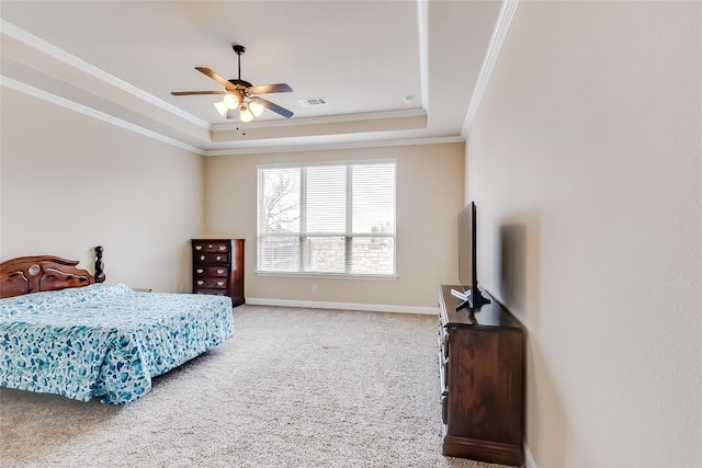 1312 Mustang Brook Ln, Leander, TX 78641 - bedroom with a raised ceiling, carpet floors, ornamental molding, and ceiling fan