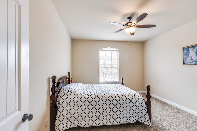 bedroom with carpet floors, ceiling fan, and baseboards