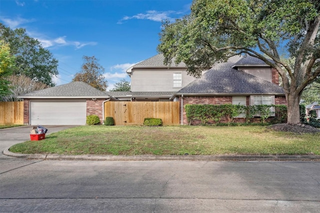 exterior space with driveway, an attached garage, fence, a yard, and brick siding