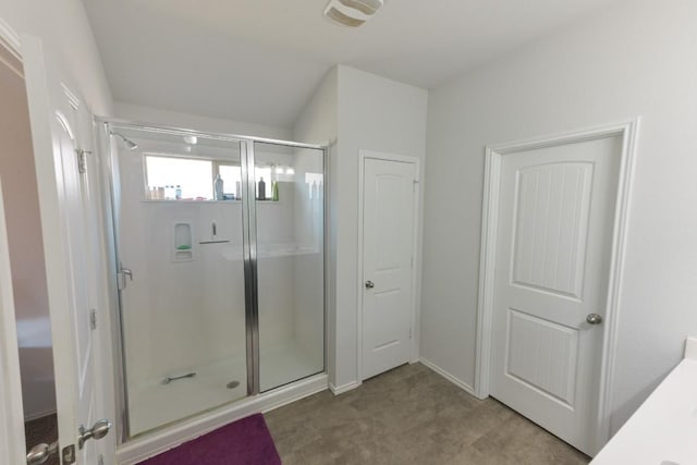 full bath featuring visible vents, a shower stall, and vanity