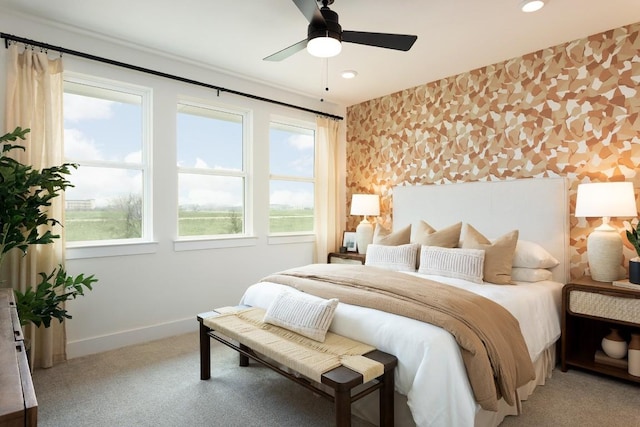 bedroom with light carpet, wallpapered walls, baseboards, ceiling fan, and recessed lighting