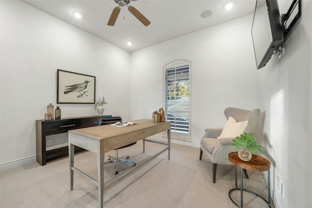 office space featuring light carpet, ceiling fan, recessed lighting, and baseboards