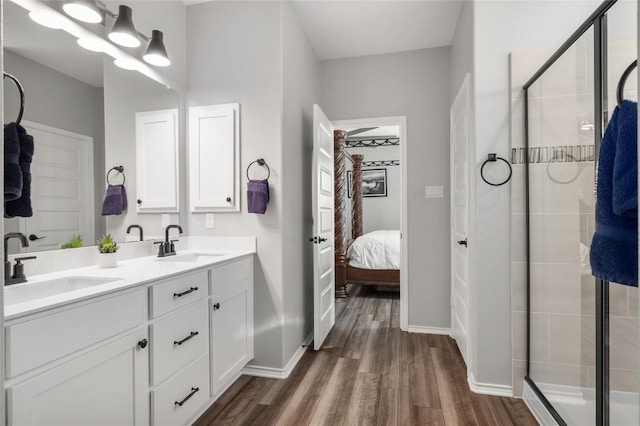 3721 Forino Dr, Round Rock, TX 78665 - bathroom with wood finished floors, double vanity, connected bathroom, and a shower stall