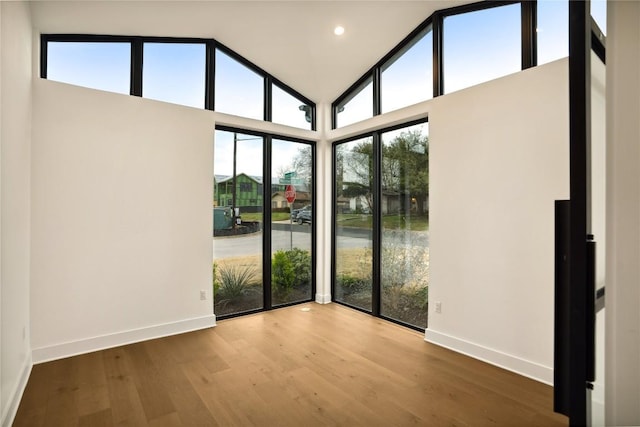 unfurnished room featuring a wealth of natural light, baseboards, and wood finished floors