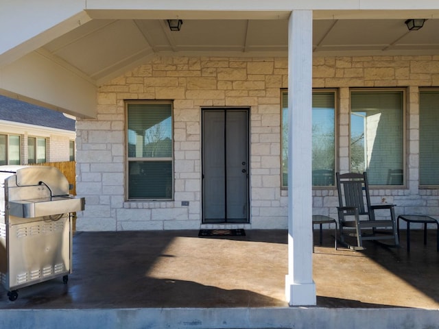 entrance to property with stone siding