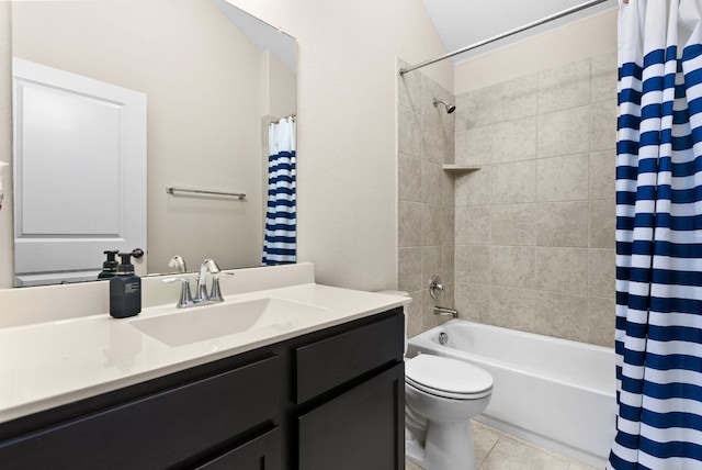 bathroom with toilet, tile patterned floors, shower / tub combo, and vanity