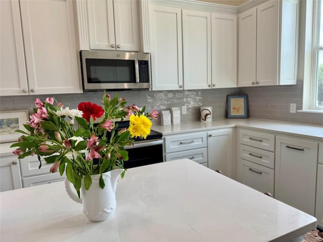 26 Quiet Meadow Cir, Wimberley, TX 78676 - kitchen featuring stainless steel microwave, tasteful backsplash, white cabinetry, and light stone countertops