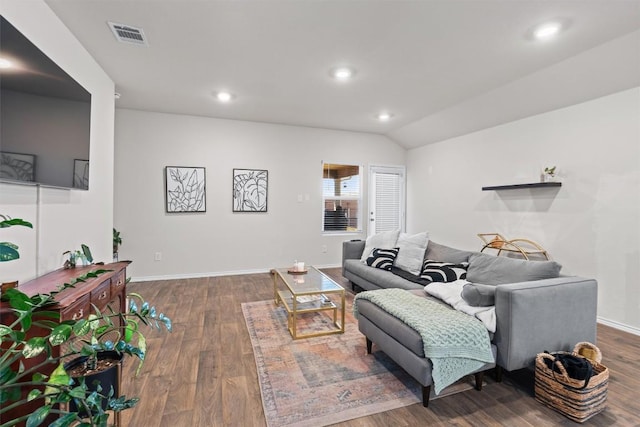 living area featuring dark wood-style floors, visible vents, and recessed lighting