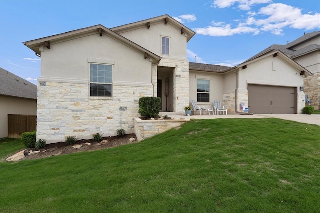 view of front of house featuring a garage, concrete driveway, stone siding, stucco siding, and a front yard