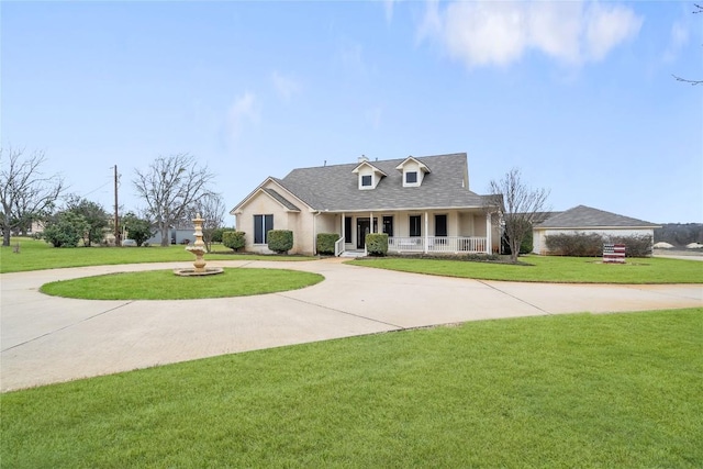 cape cod home featuring a porch, curved driveway, a shingled roof, and a front lawn