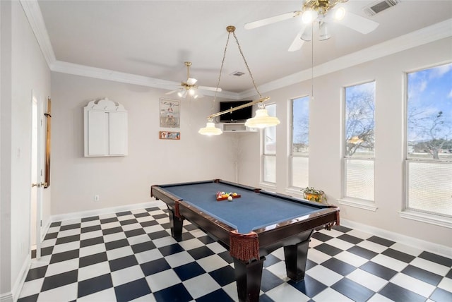 recreation room featuring billiards, baseboards, visible vents, dark floors, and ornamental molding