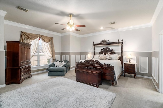 bedroom featuring light carpet, ornamental molding, and visible vents