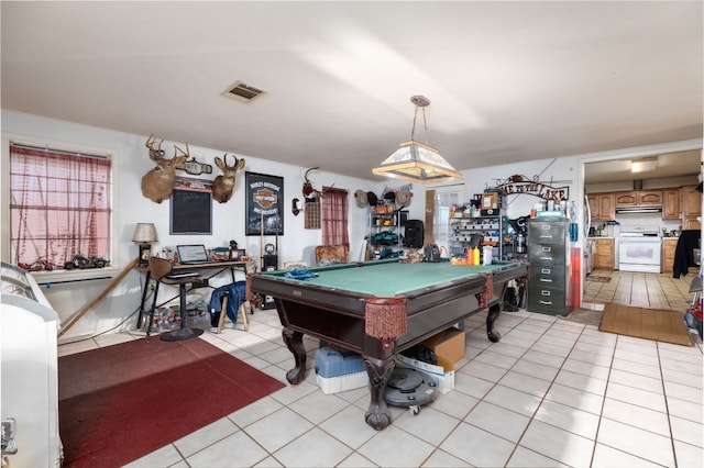 rec room with visible vents, pool table, and light tile patterned floors