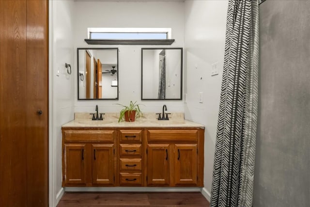 bathroom with wood finished floors, a sink, and double vanity