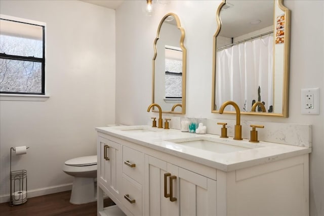 full bath with toilet, plenty of natural light, and a sink