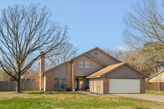 view of front facade with an attached garage, brick siding, fence, concrete driveway, and a front lawn