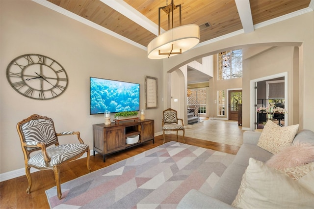 living room with wooden ceiling, visible vents, beamed ceiling, and wood finished floors