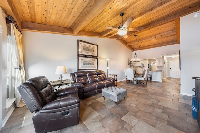 living area featuring vaulted ceiling with beams, ceiling fan with notable chandelier, wooden ceiling, and baseboards