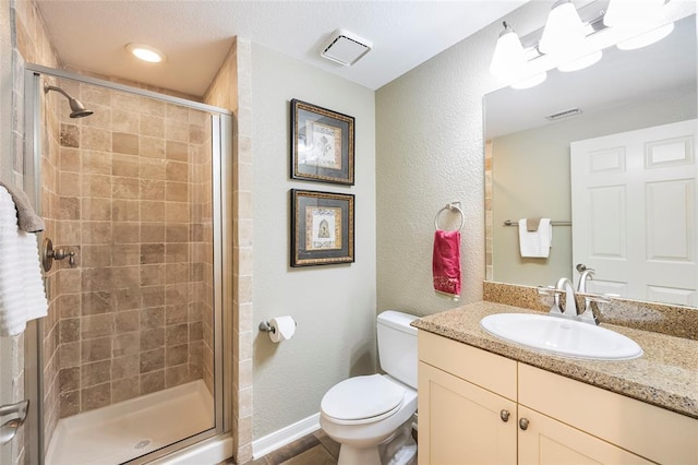 full bathroom with visible vents, a stall shower, vanity, and toilet