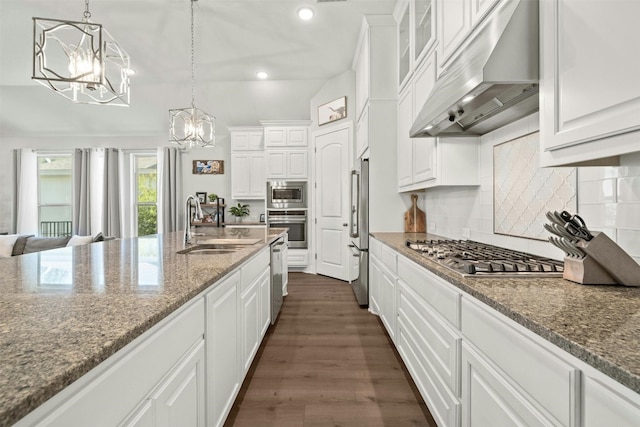 1820 Ficuzza Way, Leander, TX 78641 - kitchen featuring under cabinet range hood, appliances with stainless steel finishes, a chandelier, a sink, and white cabinetry