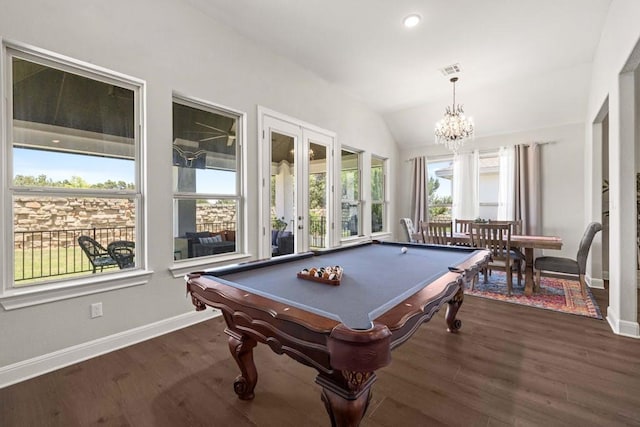 1820 Ficuzza Way, Leander, TX 78641 - game room featuring baseboards, dark wood-style flooring, lofted ceiling, a chandelier, and billiards